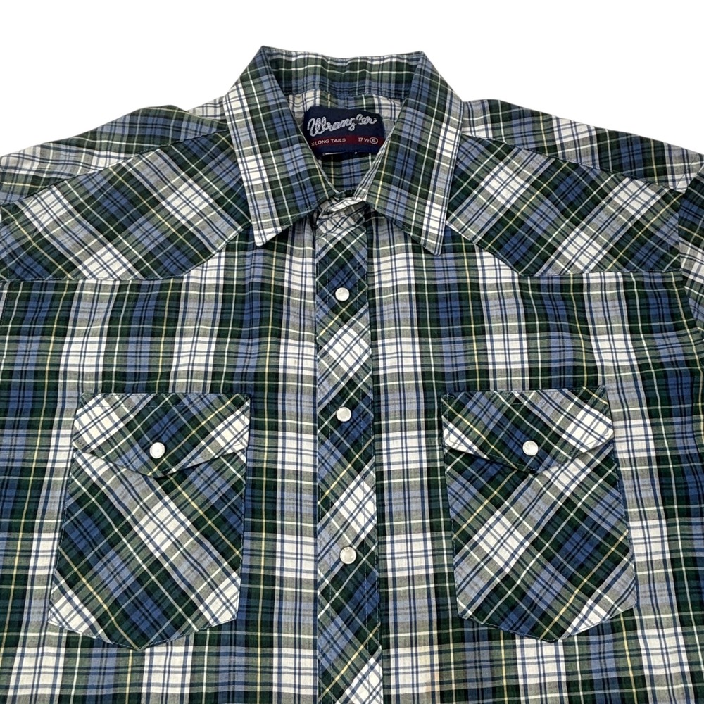 Wrangler Western Plaid Shirt Mens XL Long Tails 17.5 Short Sleeve Snap Front - Picture 11 of 12